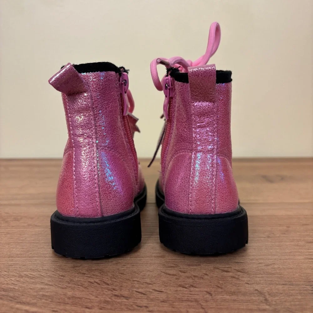 OLIVIA MILLER GIRL Crystal Sky Combat Boots Pink Kids Size 5 Metallic Lace Up